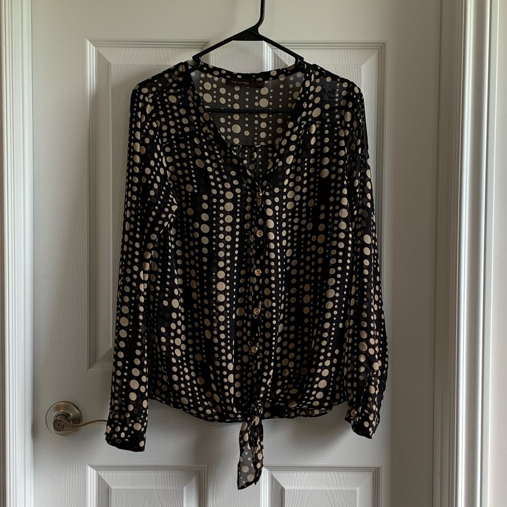 Button down, front tie, black and gold polka dot